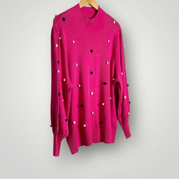 Crown & Ivy | Pom Pom Knit Sweater Puff Sleeve Pullover Pink - Picture 4 of 8